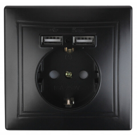 Розетка Intro Plano 1-410-05 с заземлением 2P+E Schuko со шторками 16А-250В + 2хUSB 5В-2 1А IP20 СУ антрацит