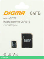 Карта памяти Digma microSDXC 64Gb Class10 Digma CARD10 + adapter (DGFCA064A01)