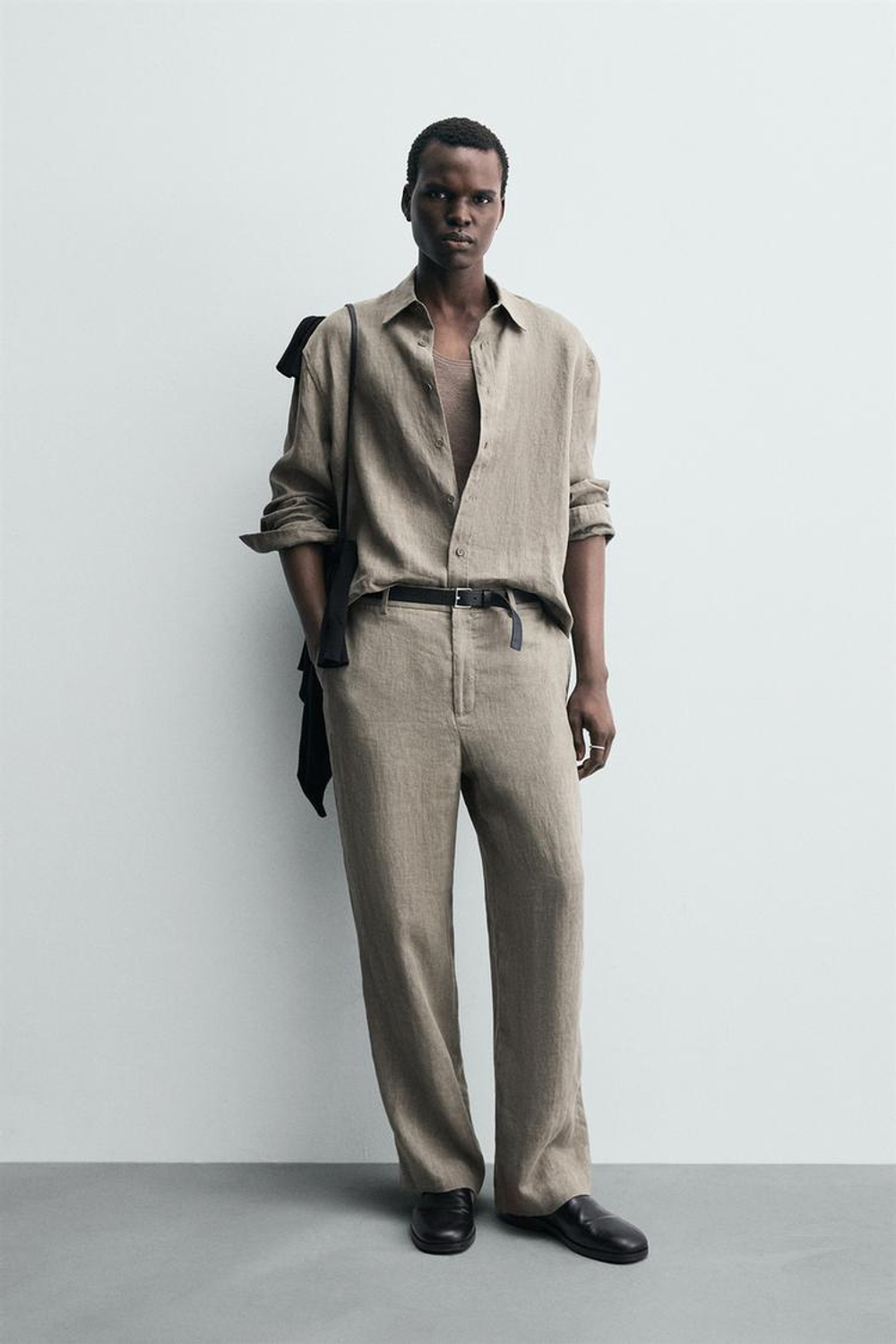 ZARА РУБАШКА ИЗ 100% ЛЬНА, СЕРО-КОРИЧНЕВЫЙ