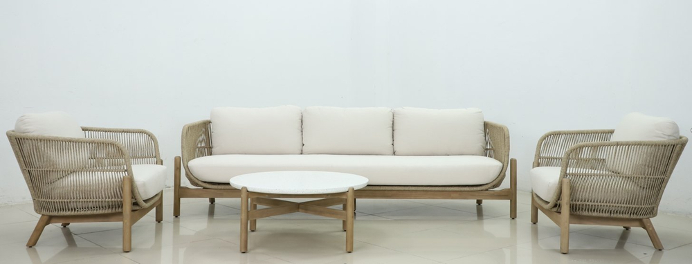 Диван деревянный плетеный трехместный Tagliamento Talara, бежевый, лен