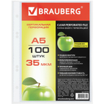 Файлы формат малый (148х210 мм) А5 ВЕРТИКАЛЬНЫЕ комплект 100 шт. 35 мкм BRAUBERG (5 штук в упаковке)