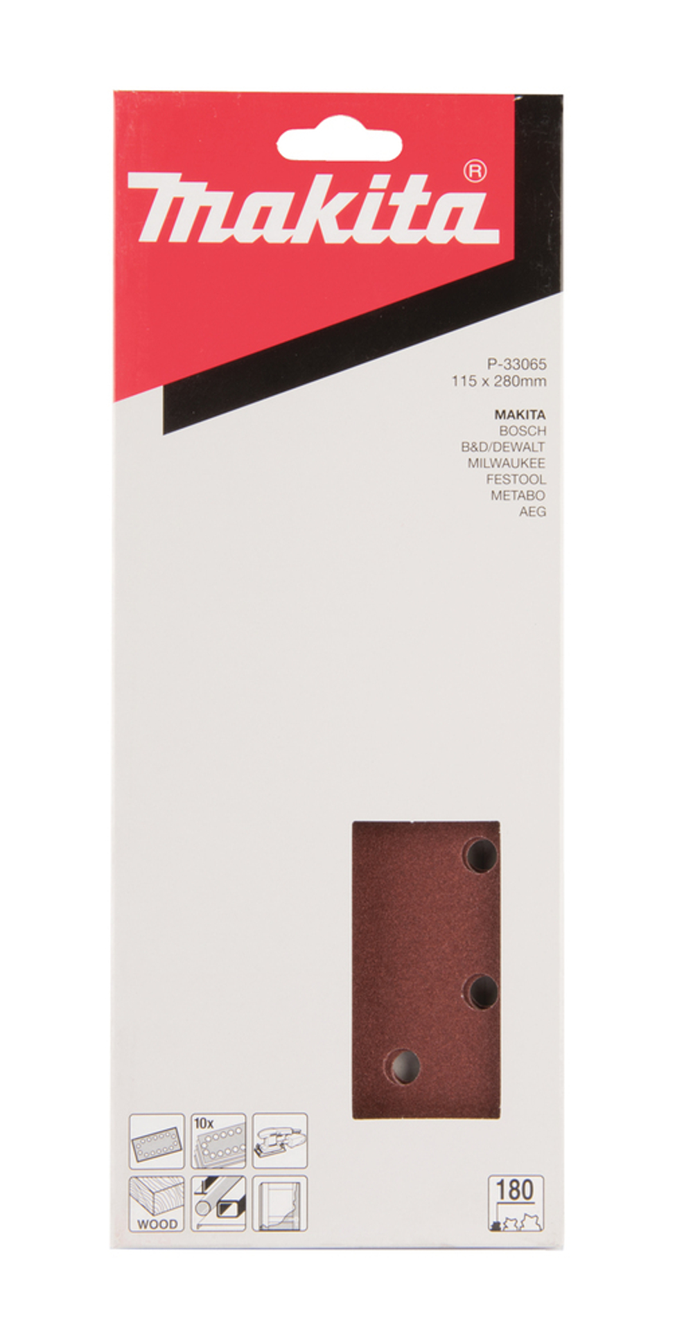 Бумага шлифовальная 115х280 мм, P180, 10 шт. Makita P-33065 Липучка 115х280 мм P80 14 Отверстий 10 шт.