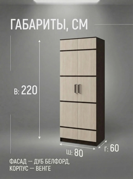 Шкаф Лотос 2-х дверный 80х220х60 см классический с полками стильный