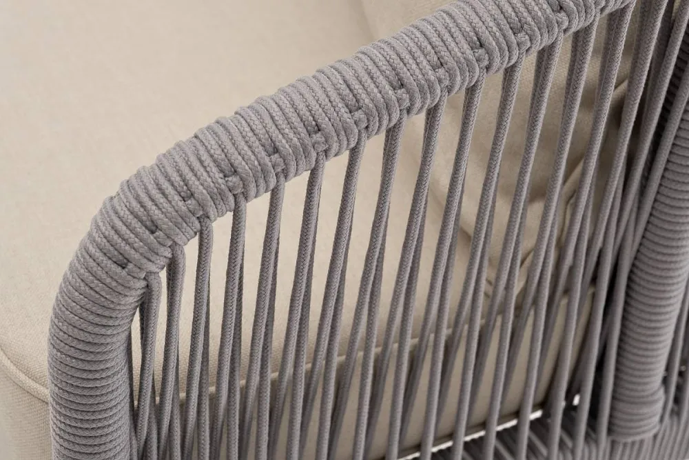 "Канны" диван 3-местный плетеный из роупа, каркас алюминий белый муар, роуп светло-серый круглый, ткань бежевая 15052