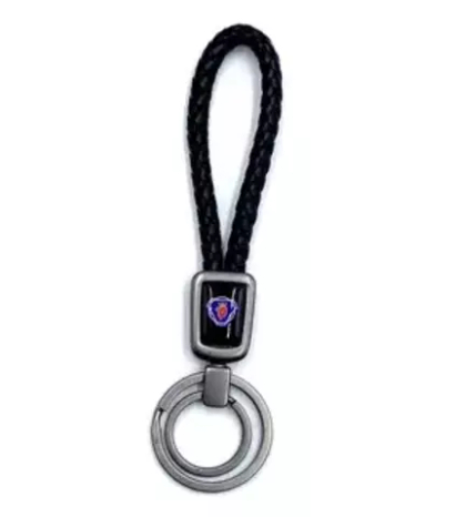 Брелок для ключей кожаный с эмблемой Scania (кожзам, косичка, двойное кольцо, черный цвет)