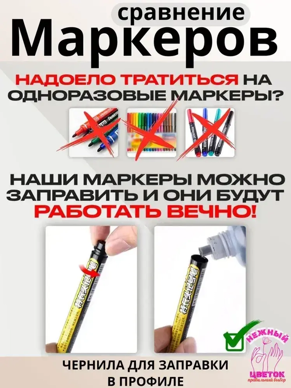 Маркер строительный тонкий разметочный, заправляемый с длинным наконечником 45мм, 2шт, белый, черный.