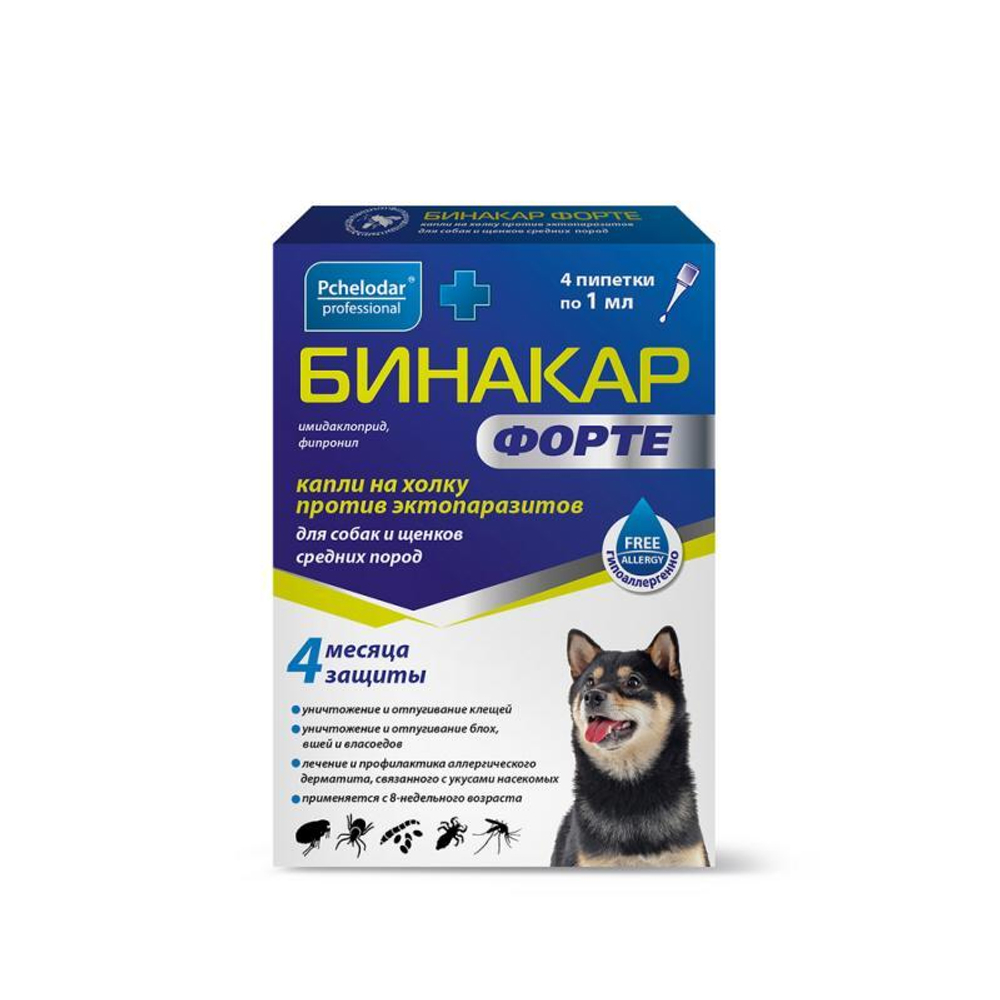 Бинакар Форте для собак и щенков средних пород, капли на холку, 4 пипетки по 1 мл