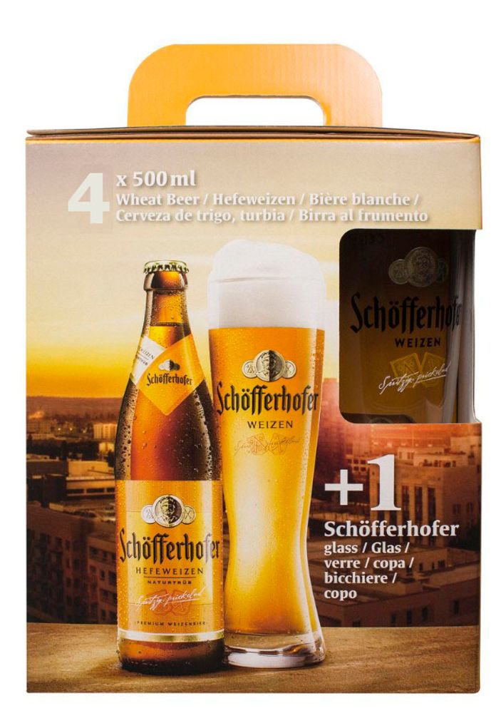Подарочный набор Schofferhofer Hefeweizen 4 бут. по 0.5 + фирменный бокал