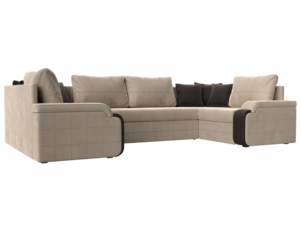 Диван П-образный Николь, Бежевый\Коричневый\Коричневый, Велюр\Экокожа, 102978
