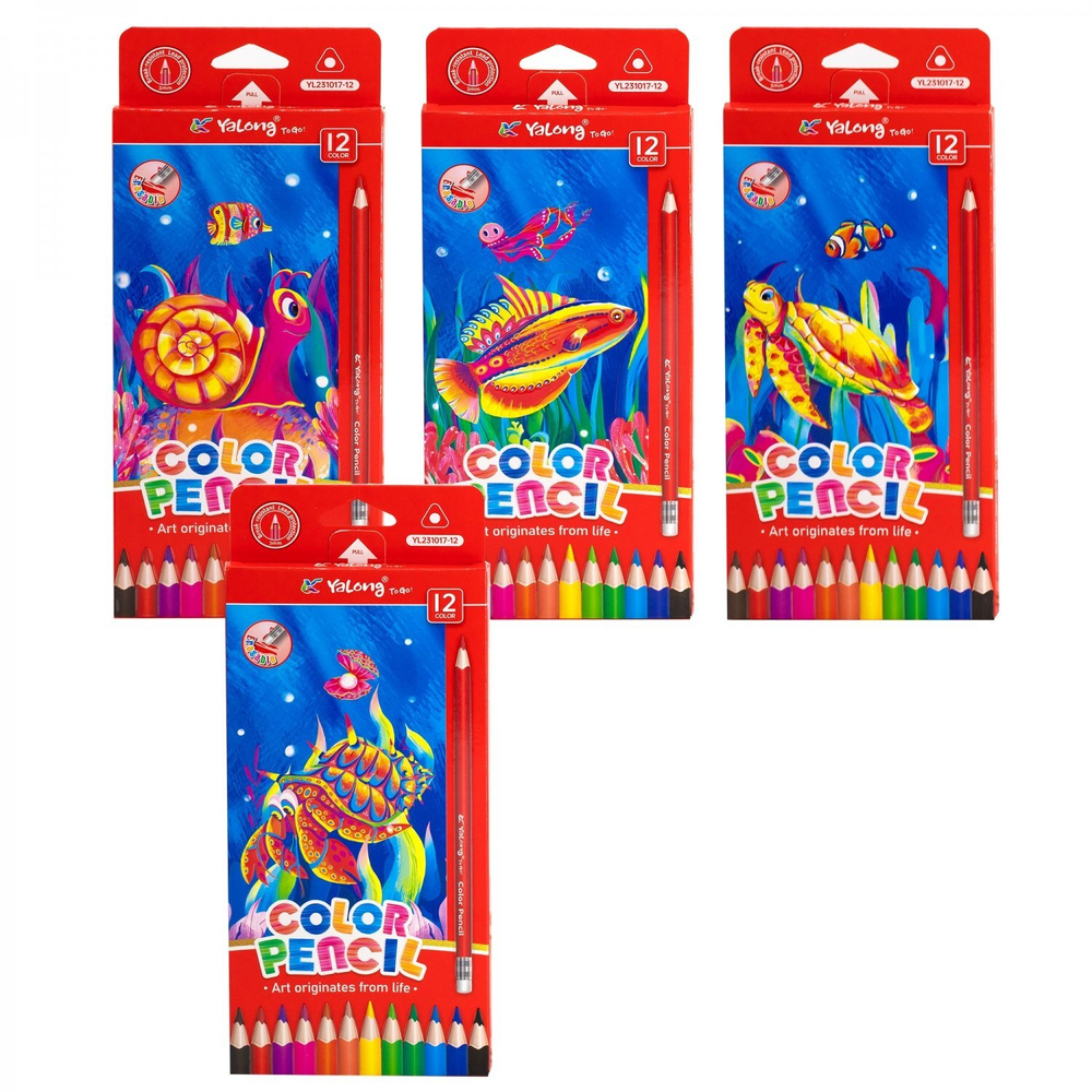 Карандаши цветные с ластиком Yalong 12 цв., "Аквариум" деревянные, трехгранные, заточенные, грифель 3.0 мм, картон. уп., европодвес