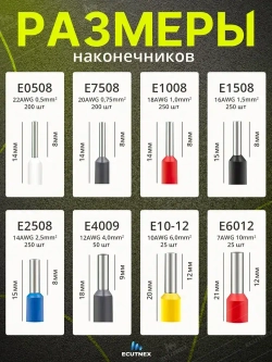 Набор наконечников НШВИ для проводов 1200 шт. Гильзы для проводов от 0,5 до 10 мм2.