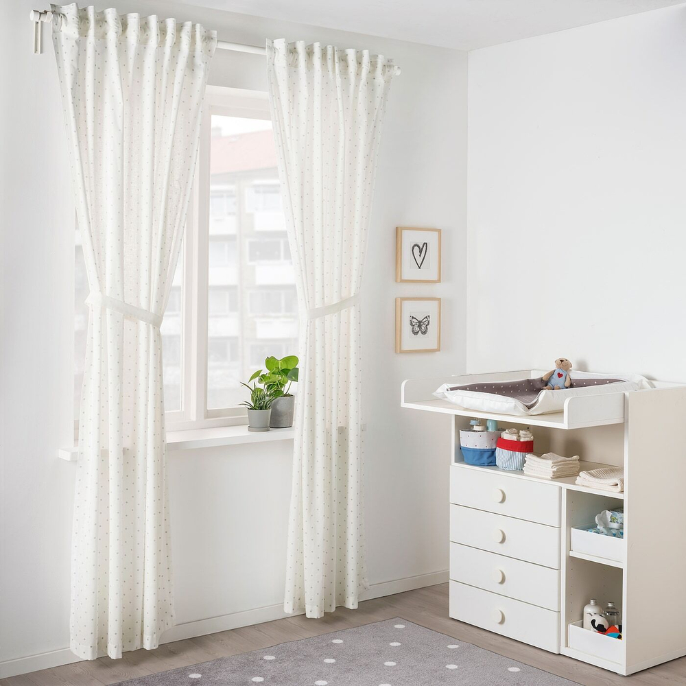 IKEA LEN  (ИКЕА ЛЕН)  -  Штора на завязках, 2 шт, точки/белый, 120x300 см