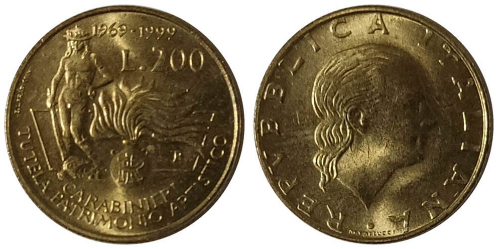 Италия 200 лир, 1999 Карабинеры, защита культурного наследия