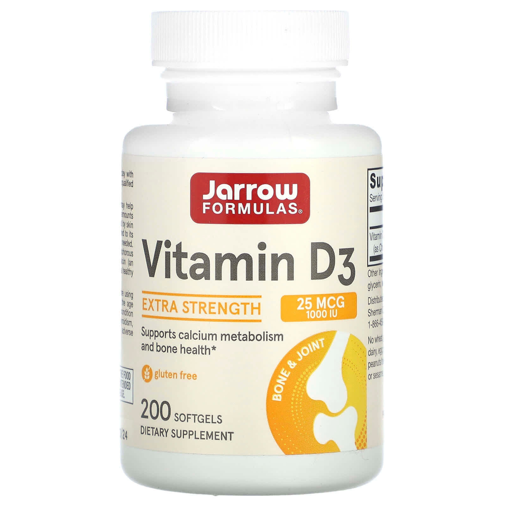 Jarrow Formulas, витамин D3, холекальциферол, 25 мкг (1000 МЕ), 200 мягких таблеток