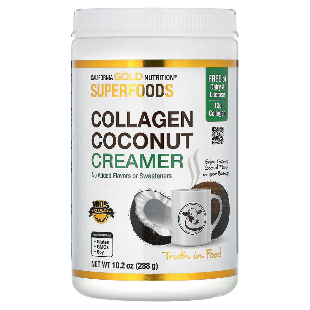California Gold Nutrition, Superfoods, кокосовые сливки с коллагеном, порошком из органического сухого кокосового молока, пептидами гидролизованного коллагена, органическим тапиоковым мальтодекстрином и экстрактом бамбука, без подсластителей, 288 г (10,2 унции)