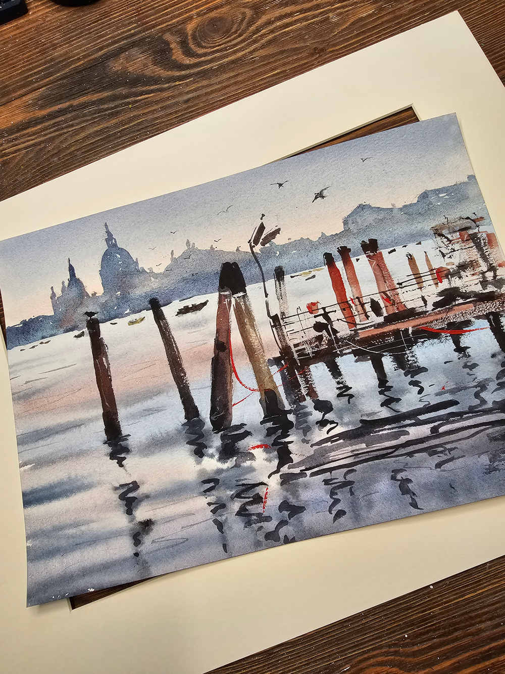 Картина авторская акварельная в паспарту 30х40 см на стену для интерьера "На грани в Венеции"