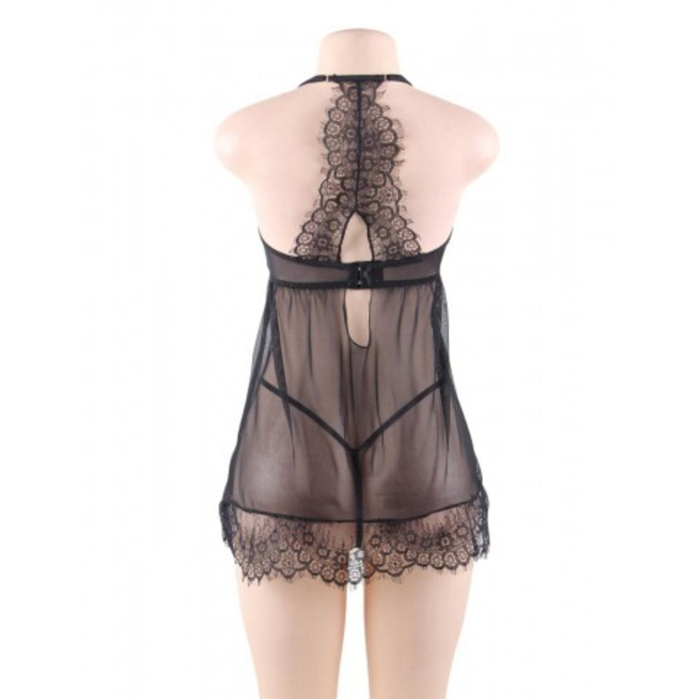 Обворожительный бэби-долл + стринги (черный; размер XL-2XL)