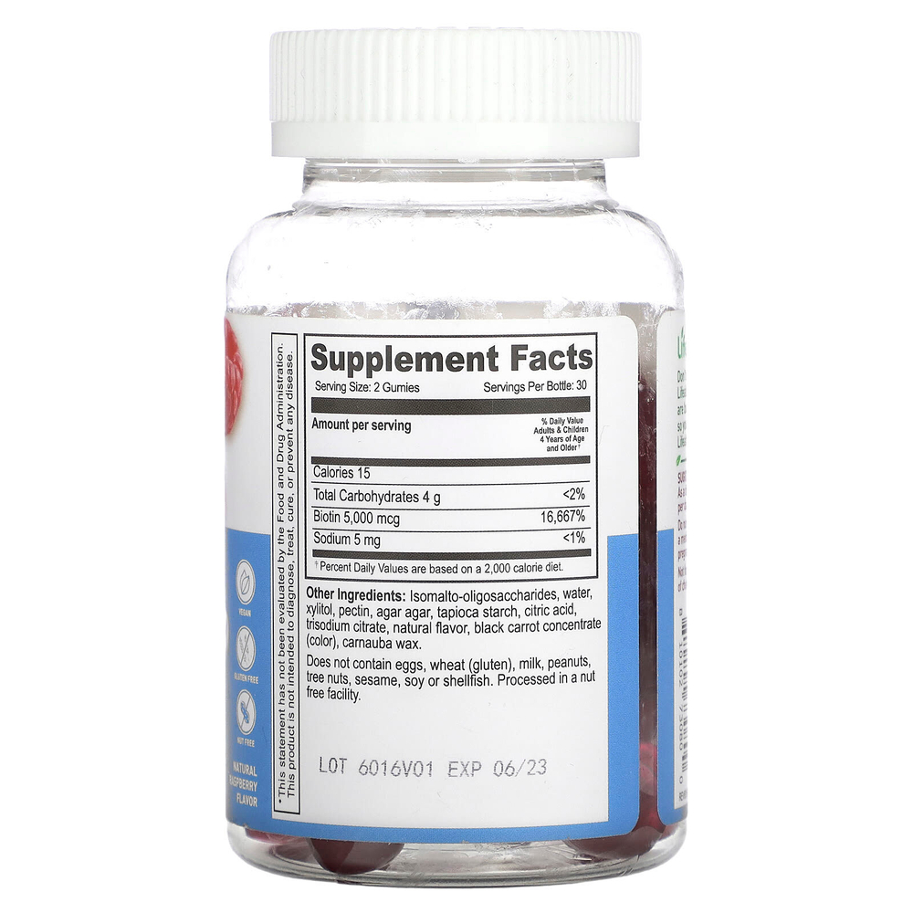 Lifeable, Kids Biotin Gummies, без сахара, натуральная малина, 60 жевательных таблеток (2500 мкг в жевательной мармеладке)