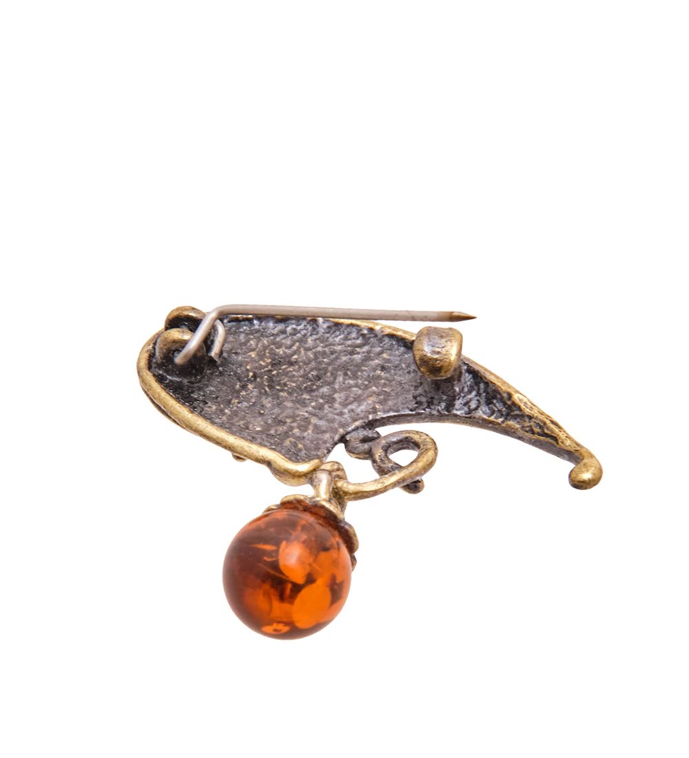 AM-3450 Брошь «Колокольчик» (латунь, янтарь)