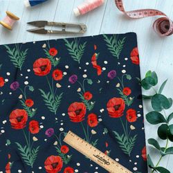 Ткань шифон алые маки на тёмно-зелёном фоне