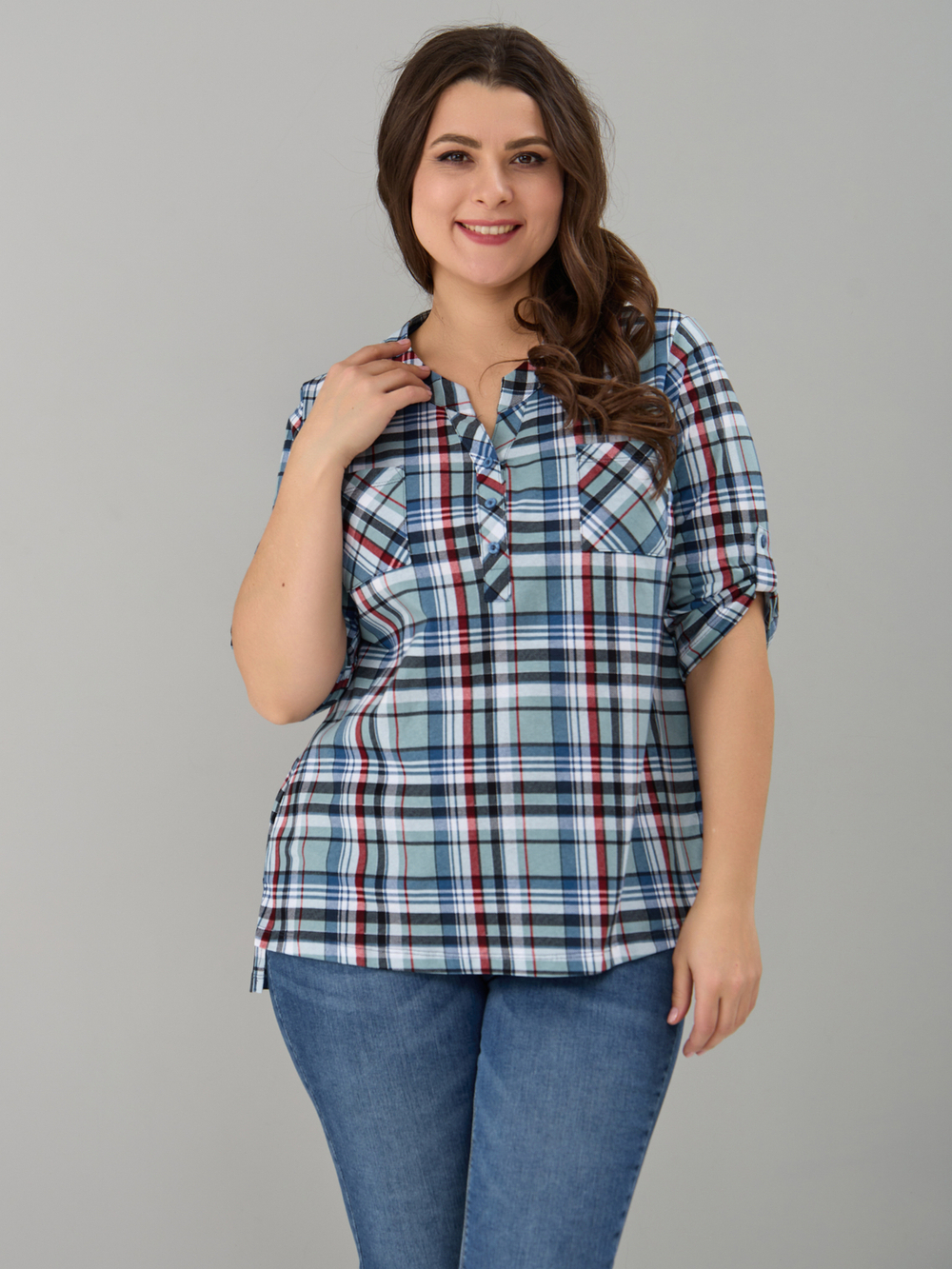 Блузка БЛ-131/клеткасерый-индигокрасный
