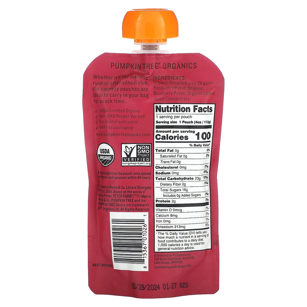 Pumpkin Tree Organics, Peter Rabbit Organics, органическое фруктовое пюре, банан, малина и голубика, 113 г (4 унции)