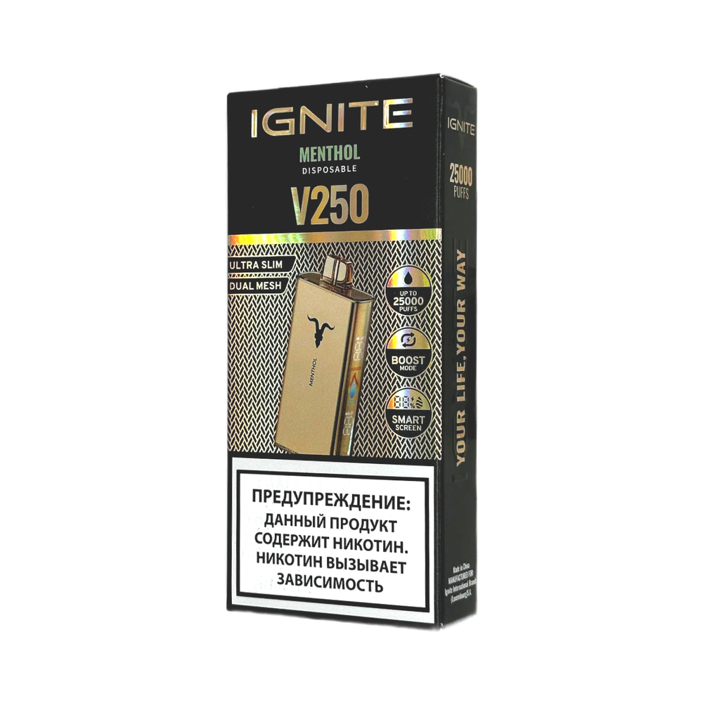 Одноразовая электронная сигарета Ignite V250 Gold - Menthol (25000 затяжек) Одноразовая электронная сигарета Ignite V250 Gold - Menthol (25000 затяжек)
