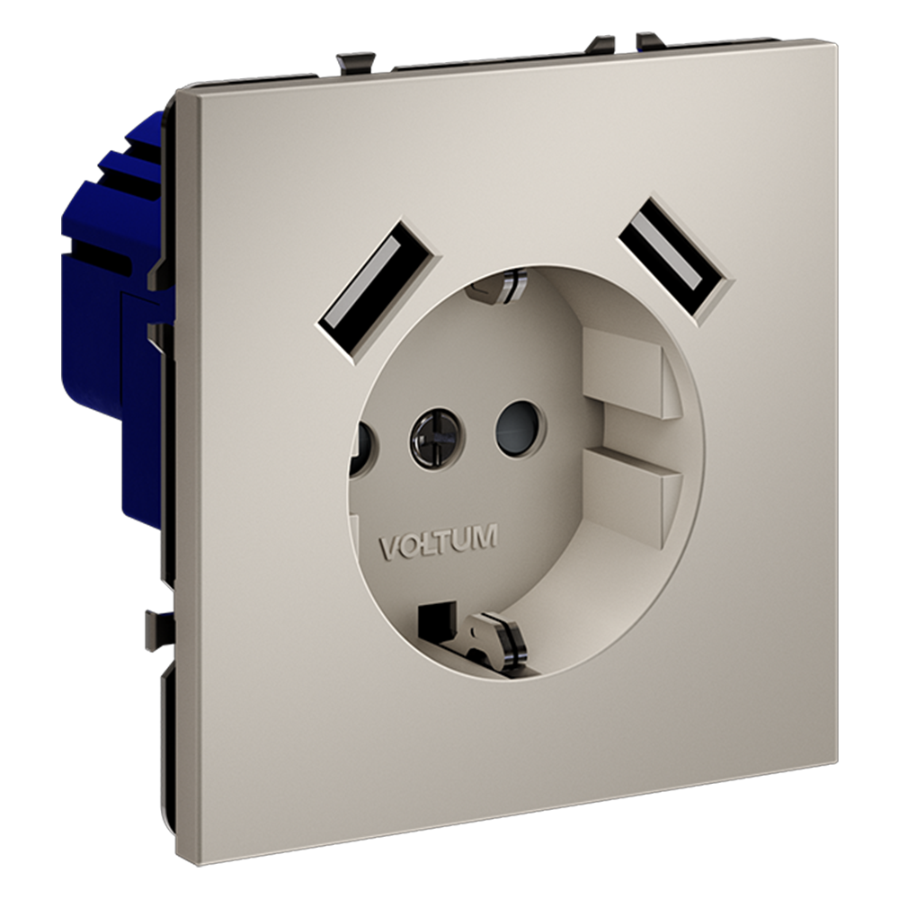 Розетка встраиваемая VOLTUM S70 с заземлением и защитными шторками, 16А, с USB, A+A, (кашемир)