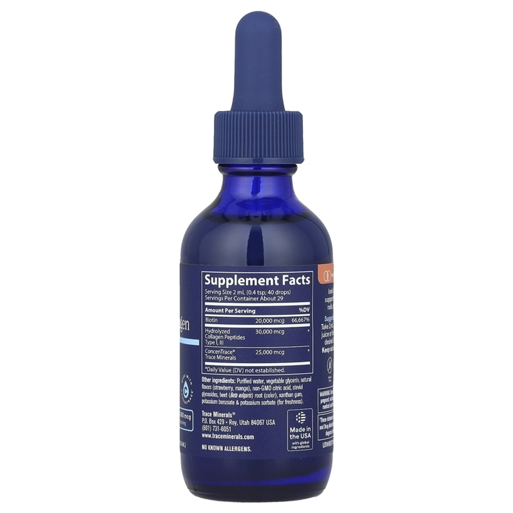 Trace Minerals Ionic Biotin + Collagen 59ml, Биотин + Коллаген