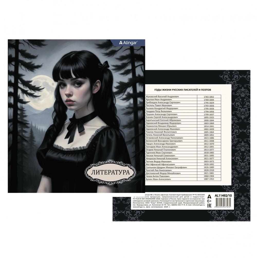 Тетрадь предметная "Литература" А5 48л., линия, со справ матер, скрепка, мелованный картон(стандарт), блок офсет, Alingar "Mystical wednesday"