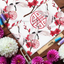 Ткань поплин летящие журавли и цветущая сакура