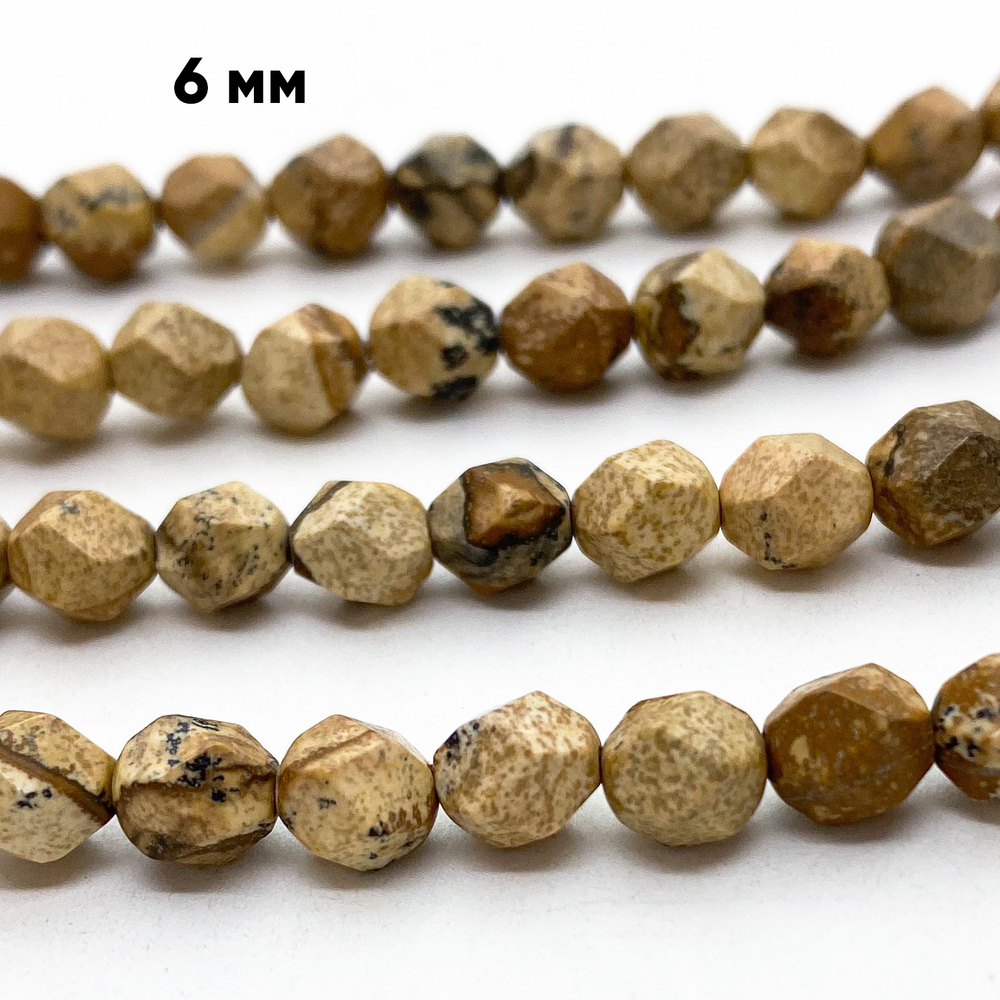 "Яшма пейзажная" крупной огранки бусины, размер около 6-6,3 мм, цена за 27 шт (1/2 нити)