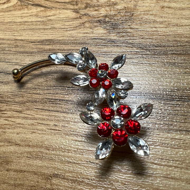 Серьга-кафф 2 цветка с листьями кристалл цвет серебристый красный металл золотистый