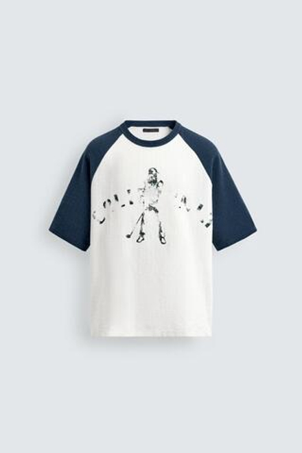 ZARA ТРИКОТАЖНАЯ ФУТБОЛКА КОЛОР-БЛОК С ПРИНТОМ, ЭКРЮ