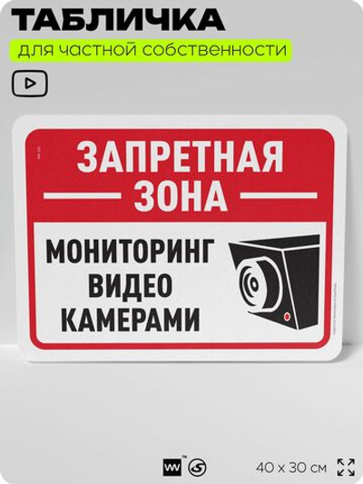 Табличка для частной территории "Запретная зона, мониторинг видеокамерами", на дом, для участка, организаций и частных территорий, предупреждающая, 40х30 см, Silver Plane x Айдентика Технолоджи