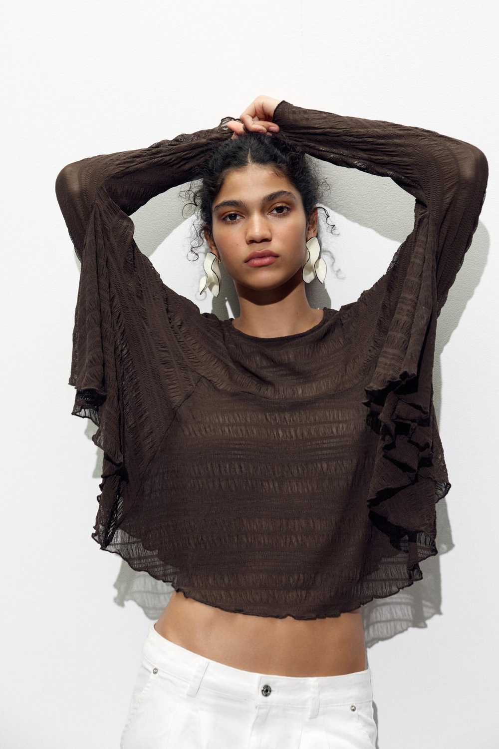 ZARA ТОП-НАКИДКА ИЗ ТКАНИ С РЕЛЬЕФНЫМ УЗОРОМ, ШОКОЛАДНЫЙ