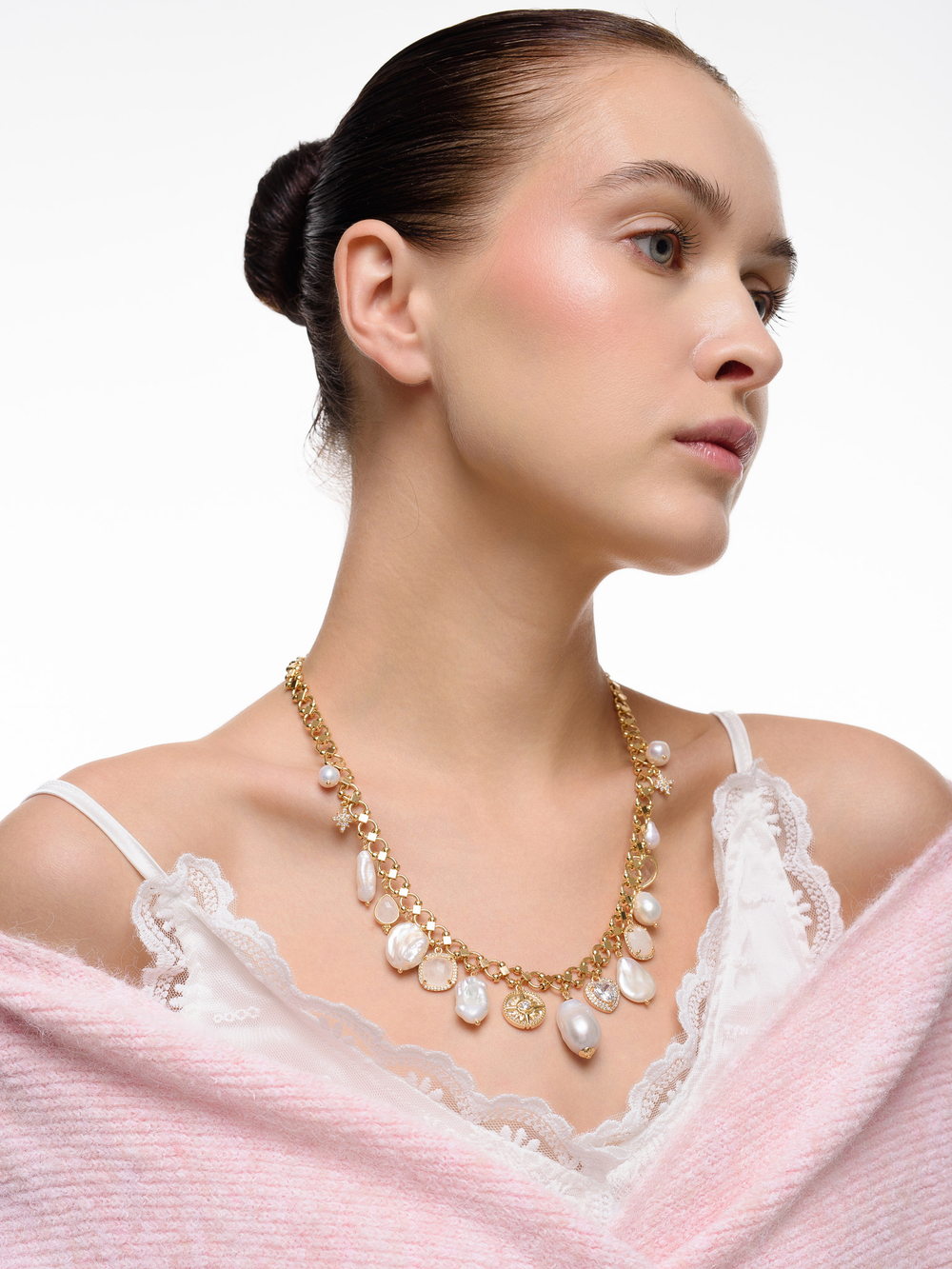 Колье "Pearl stone pink" Gold