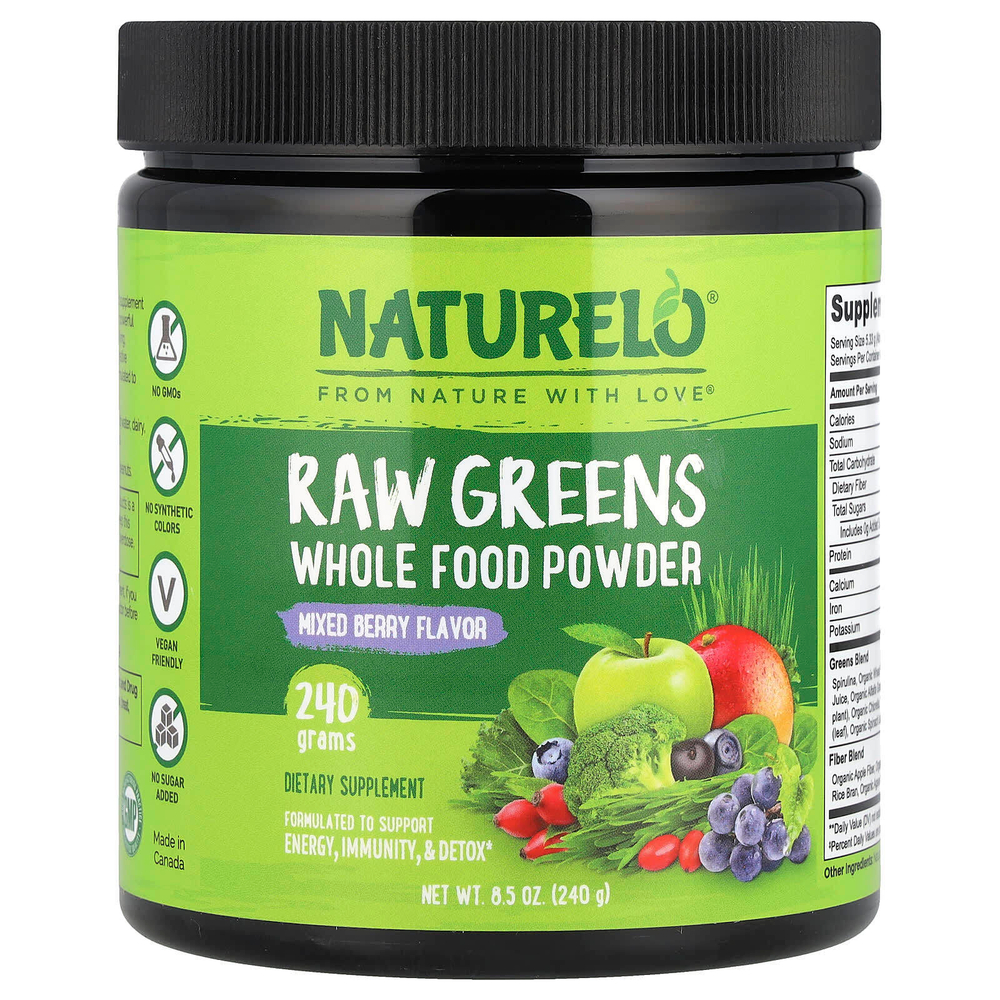 NATURELO, порошок из цельной необработанной зелени, с ягодным вкусом, 240 г (8,5 унции)