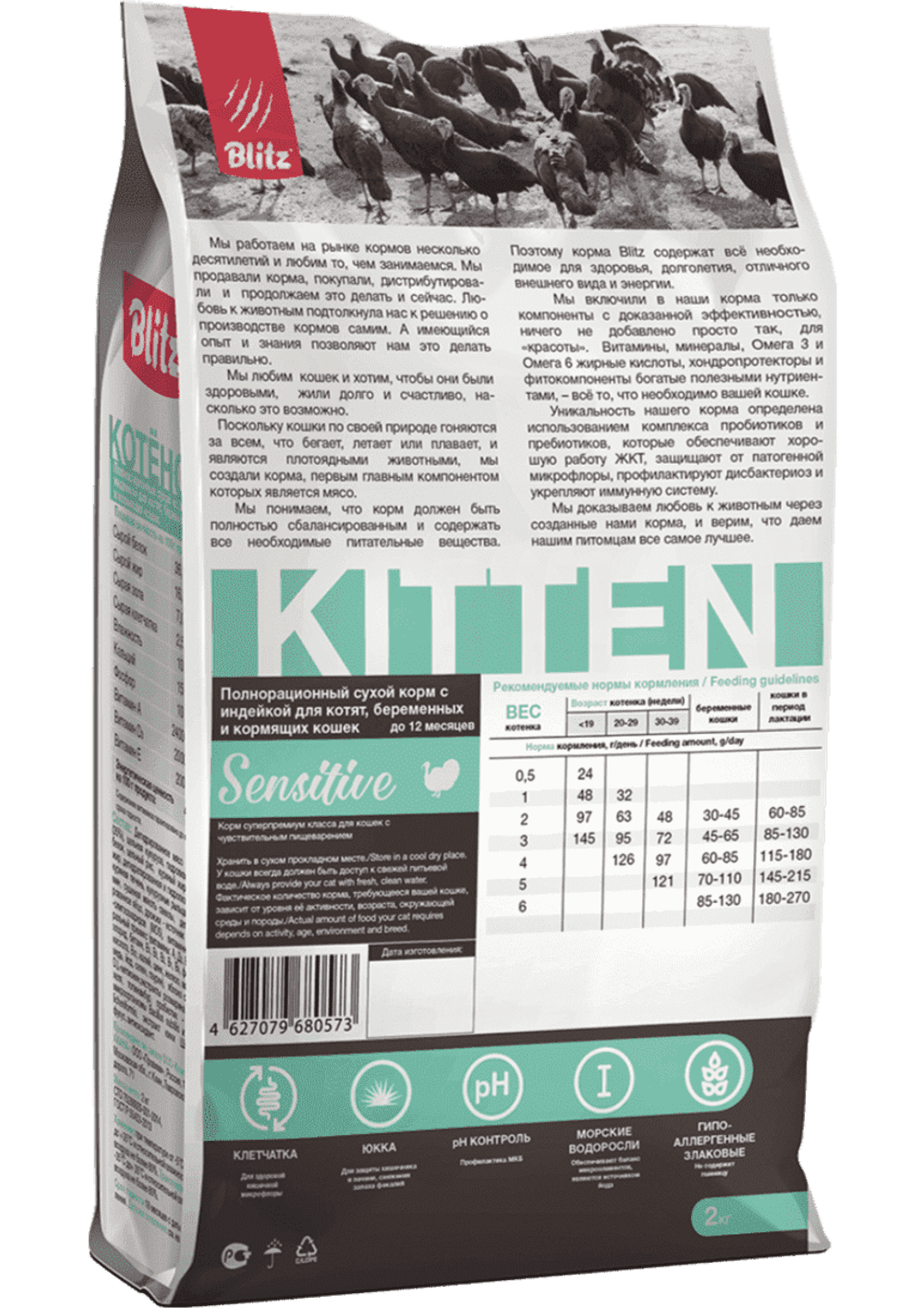 Сухой корм для котят, беременных и кормящих кошек Blitz Sensitive Kitten All Breeds с индейкой, 2 кг