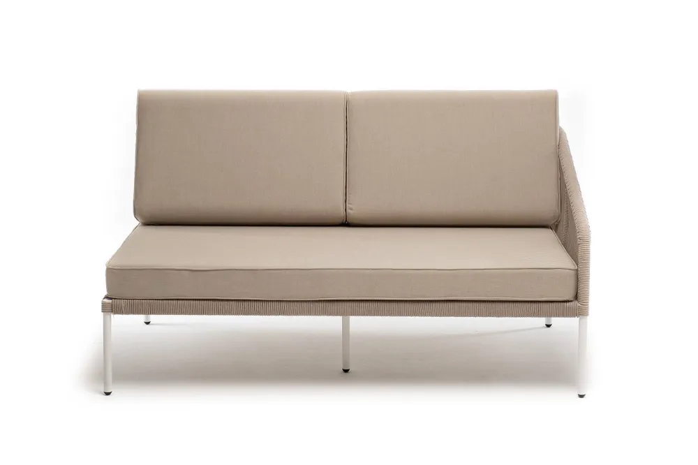 "Канны" левый модуль плетеный из роупа, каркас алюминий белый муар, роуп бежевый круглый, ткань бежевая 15052