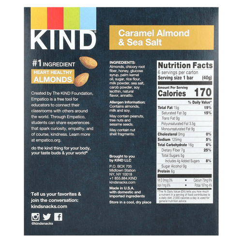 KIND Bars, Protein Bars, с карамелью, миндалем и морской солью, 6 батончиков по 40 г (1,4 унции)