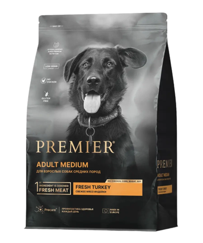 Сухой корм для взрослых собак Premier Dog Adult Medium средних пород с чувствительным пищеварением индейка 3кг