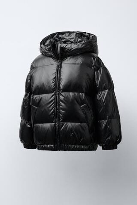 ZARA ПУХОВИК ИЗ ПЕРА И ПУХА С КАПЮШОНОМ WATER REPELLENT, ЧЕРНЫЙ