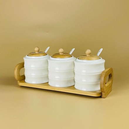 Lenardi 140-155 Набор из 3 банок 320мл для специй с ложками на подставке BAMBOO в под.уп.(х16)Фарфор