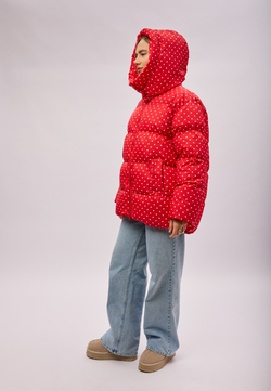 Пуховик Рокет миди красный в горох