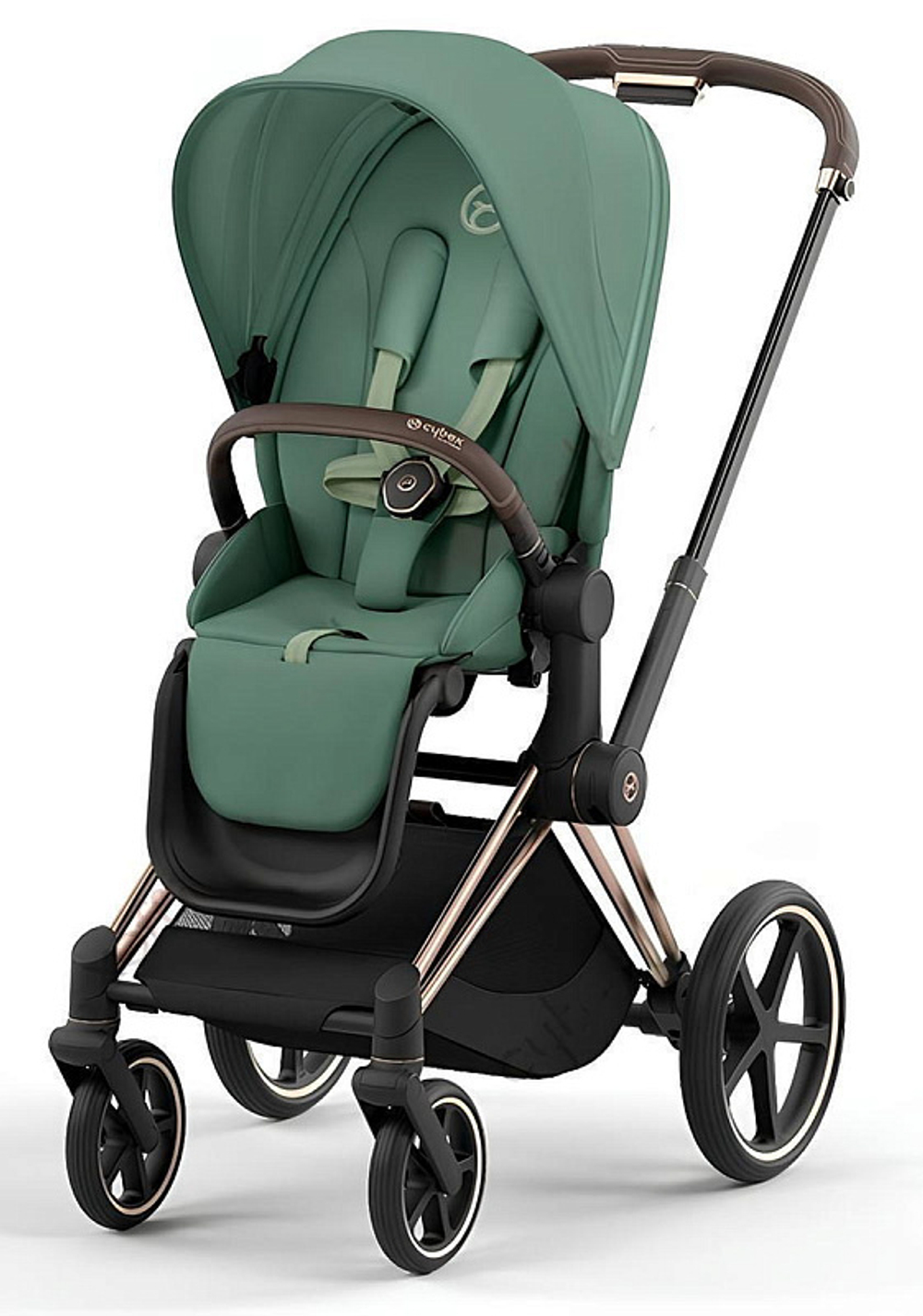 Коляска 3 в 1 Cybex Priam IV Rosegold complete и автокресло Aton S2 i-Size Moon Black Leaf Green