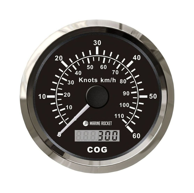 GPS-спидометр аналоговый 0-60 узлов, черный циферблат, нержавеющий ободок, выносная антенна, д. 85 мм, Marine Rocket