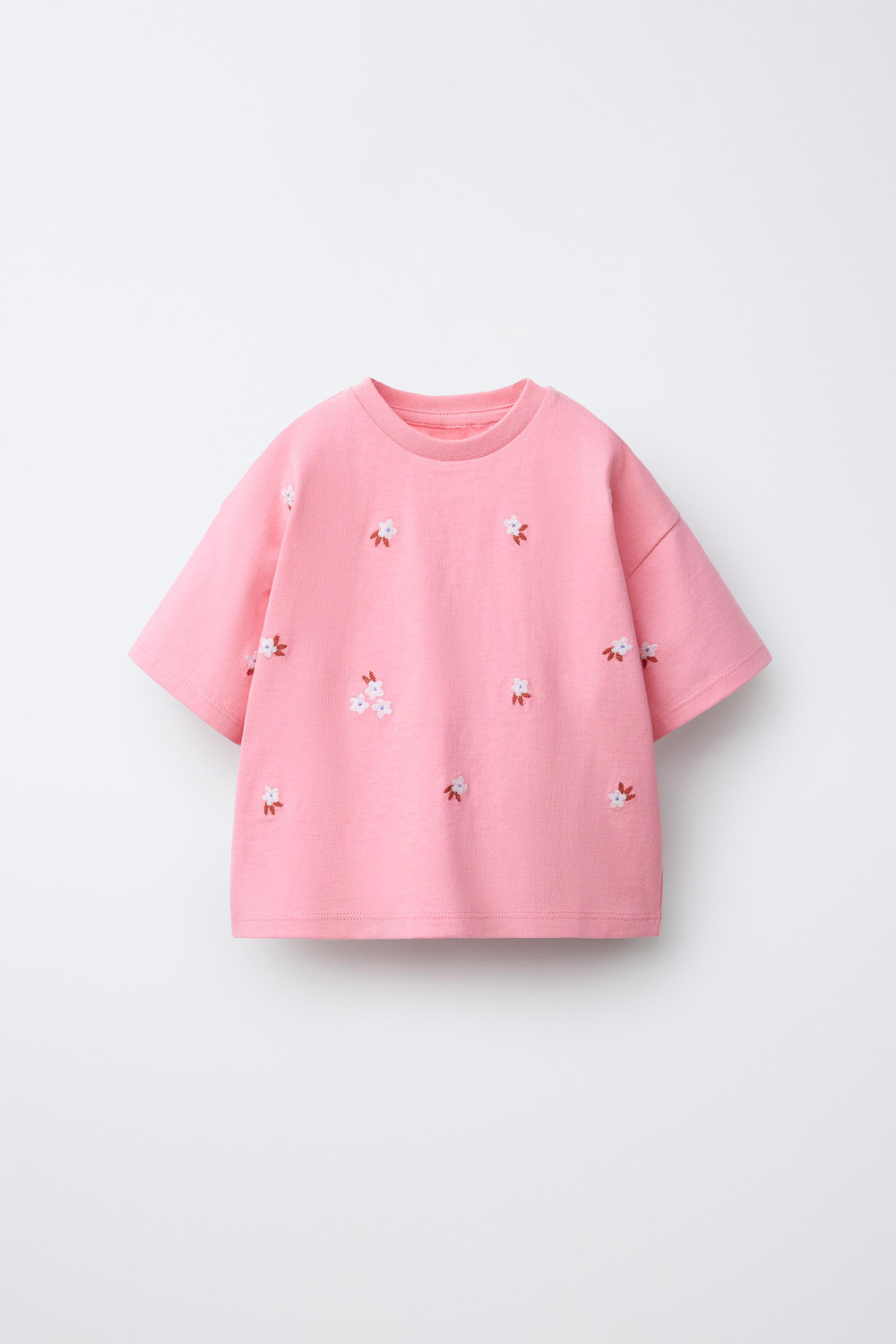 ZARA ФУТБОЛКА С ВЫШИТЫМИ ЦВЕТАМИ, КОРАЛЛОВЫЙ