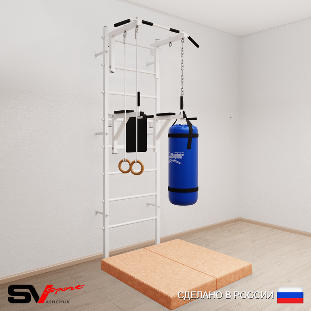 Шведская стенка Sv Sport усиленная 6717 (Турник стандарт/Брусья/Кольца/Цепь/Мешок 30кг/Мат 1м)