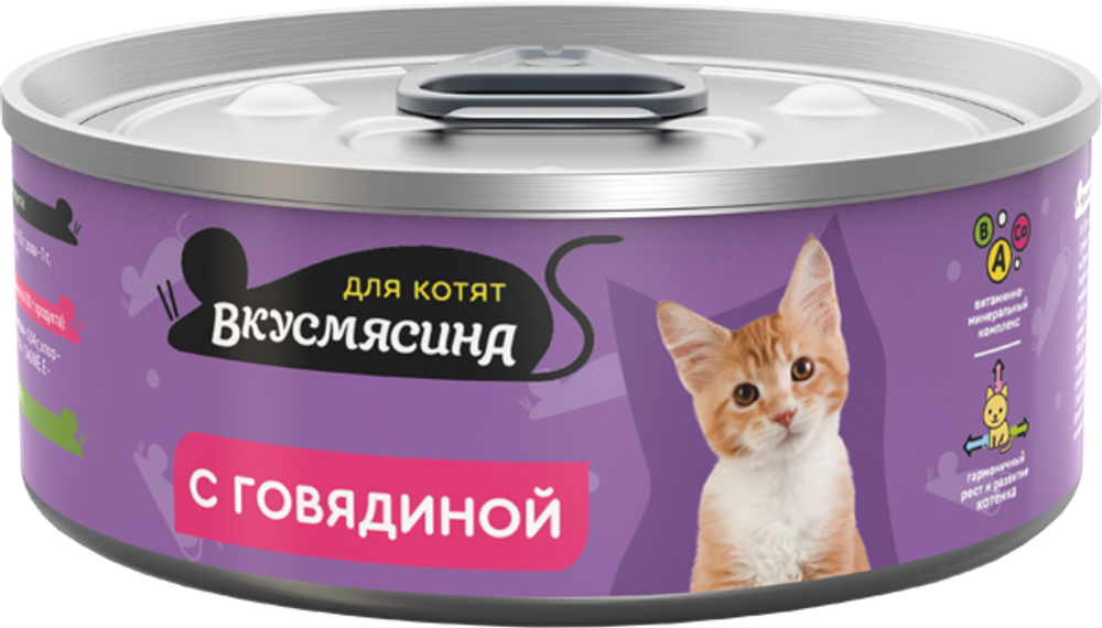 Корм консервированный для котят ВКУСМЯСИНА с говядиной 24*100 г